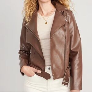 Old Navy Brown Faux Leather Moto Jacket Medium Belted Biker Motorcycle Sporty